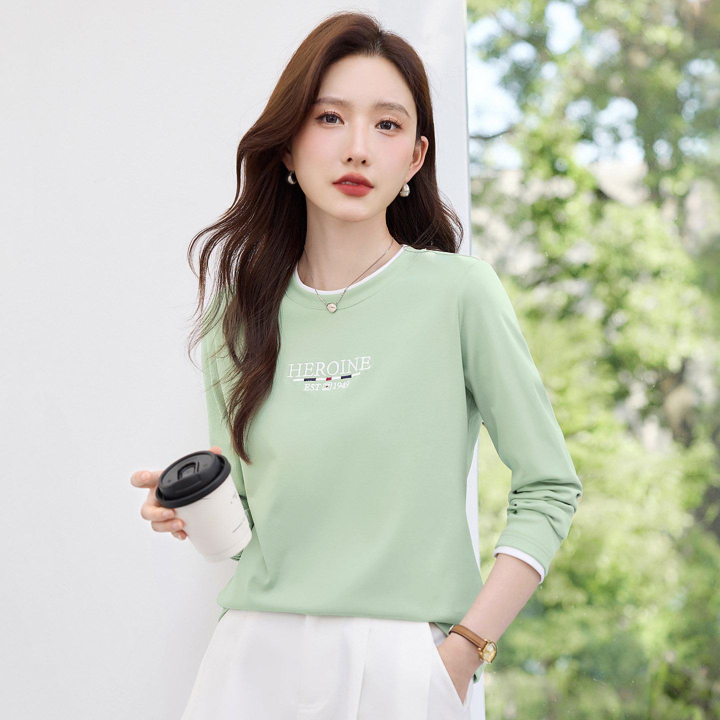 正肩女士长袖t恤春秋内搭可外穿打底衫2026新款高端洋气绿色上衣,女装/女士精品,T恤,淘宝优惠券,粉丝福利购,淘宝优惠卷