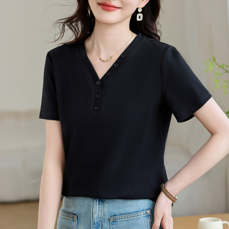 黑色v领短袖女t恤2025新款夏季爆款时尚洋气正肩上衣高端半袖体恤