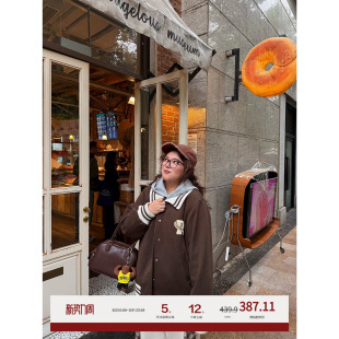 老章和小胖PONGKIKI复古棕呢子棒球外套女大码 宽松百搭胖mm夹克冬