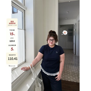 老章和小胖PONGKIKI芭蕾少女花边T大码 上衣 胖mm圆领正肩蕾丝短袖