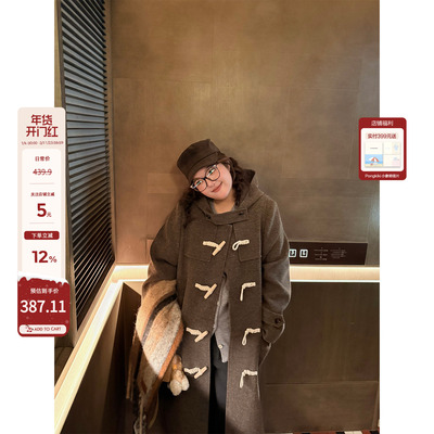 老章和小胖PONGKIKI学院风牛角扣连帽呢大衣大码秋冬羊毛呢长外套