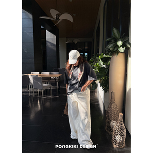 老章和小胖PONGKIKI大码 柔棉直筒米白色牛仔裤 磨边浅色微喇裤 女装