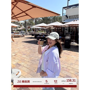 老章和小胖PONGKIKI度假粉条纹衬衣女大码外穿内搭宽松亲肤衬衫春