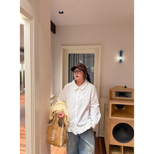 冬 百搭全棉衬衫 老章和小胖PONGKIKI法式 甜心抽褶木耳边衬衣女大码