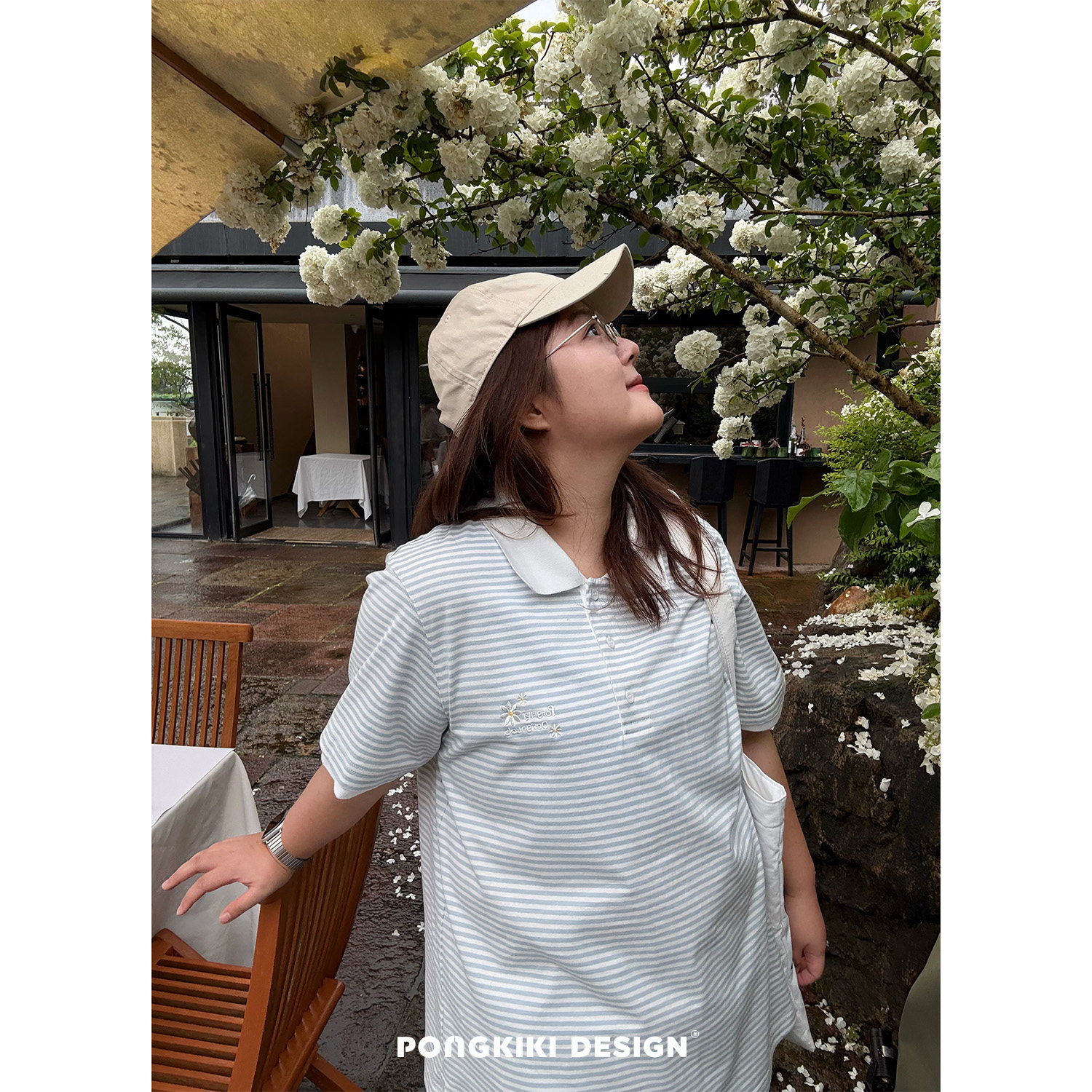 老章和小胖PONGKIKI大码女奶盐条纹POLO衫T恤胖mm短袖夏针织上衣图片