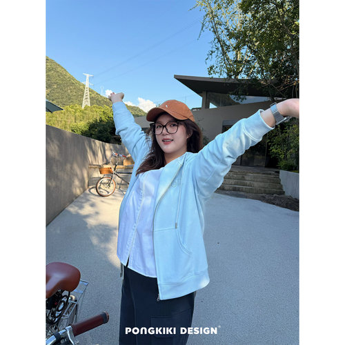 老章和小胖PONGKIKI抓绒拉链韩系大码女胖mm简约连帽卫衣good开衫