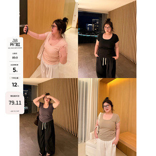 老章和小胖PONGKIKI抗菌运动大U领T恤女大码宽松显瘦夏季体恤上衣