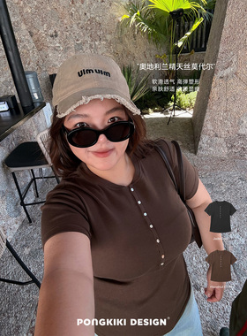 老章和小胖PONGKIKI大码女兰精莫代尔亨利衫胖mm短袖修身上衣T恤