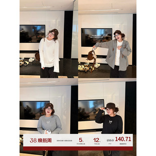 老章和小胖PONGKIKI心动蕾丝蝴蝶结T恤女大码胖mm宽松打底上衣秋