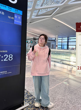 老章和小胖PONGKIKI粉奶油卫衣女大码连帽上衣秋胖mm显瘦套头外套