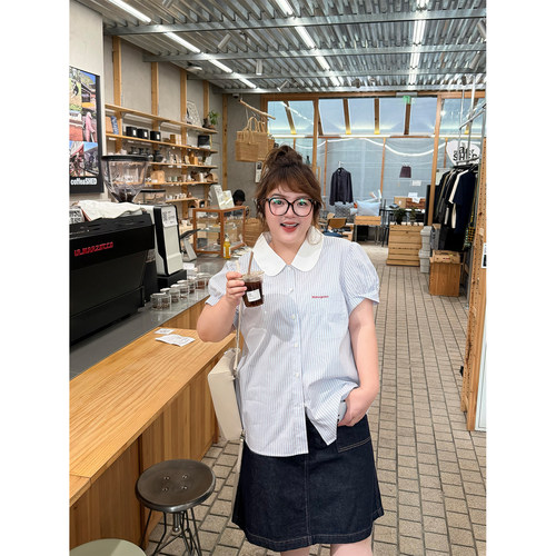 老章和小胖PONGKIKI衬衫女大码学院风百搭显瘦条纹夏季衬衣