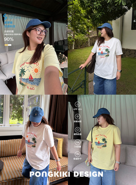 老章和小胖PONGKIKI海岸Club!大码凉感抑菌印花宽松胖mm短袖上衣