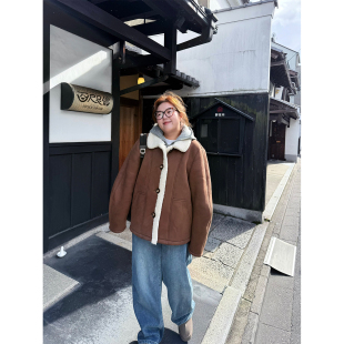 老章和小胖PONGKIKI露思麂皮外套女大码冬季连帽假两件羊羔毛夹克
