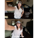 老章和小胖PONGKIKI韩女格纹小衬衫!大码娃娃领胖mm甜美短袖上衣