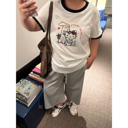 老章和小胖PONGKIKI冲浪小猫撞色T恤女印花圆领短袖女大码胖mm
