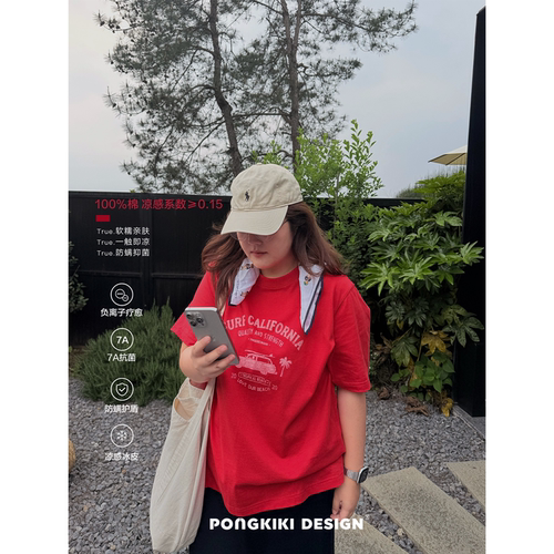老章和小胖PONGKIKI大码女加州海岸印花T恤胖mm正肩半袖圆领短袖