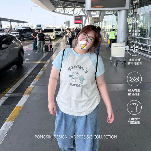 老章和小胖PONGKIKI史努比印花T恤女大码冰感宽松撞色体恤上衣夏