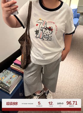 老章和小胖PONGKIKI冲浪小猫撞色T恤女印花圆领短袖女大码胖mm