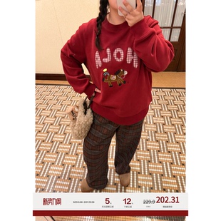 加绒保暖阔腿直筒裤 老章和小胖PONGKIKI加绒复古红棕格纹裤 女大码