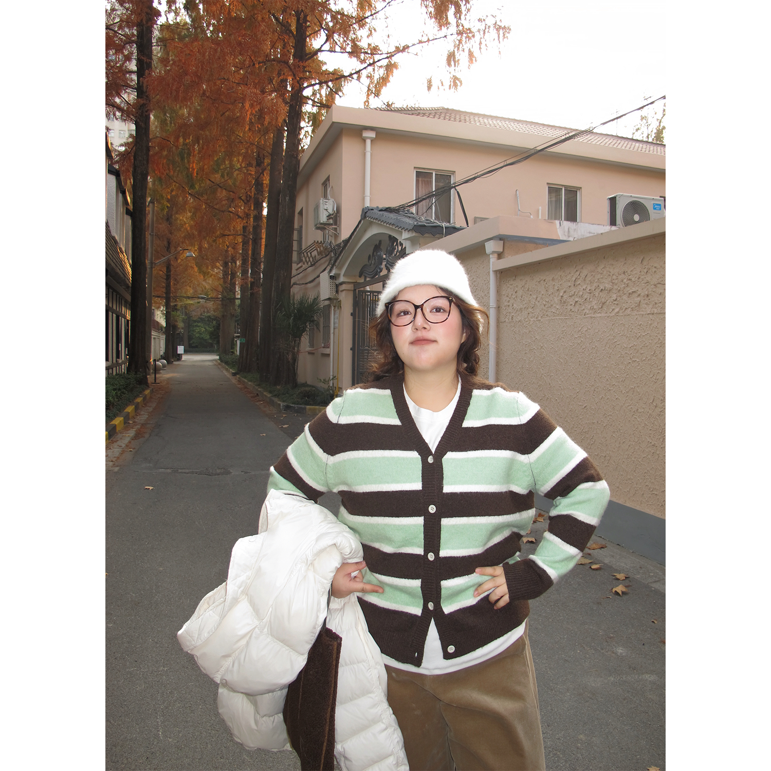 老章和小胖PONGKIKI苹果奶咖条纹羊毛开衫女大码显瘦遮肉针织衫冬,女装/女士精品,卫衣/绒衫,淘宝优惠券,粉丝福利购,淘宝优惠卷