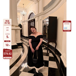 老章和小胖PONGKIKI赫本晚宴礼服裙大码复古一字肩高级感连衣裙冬