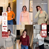 老章和小胖PONGKIKI桑蚕丝羊毛U领万能打底衫 女大码 亲肤保暖T恤冬