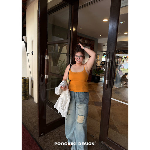老章和小胖PONGKIKI大码女直筒破洞牛仔裤胖mm浅色夏宽松显瘦裤子