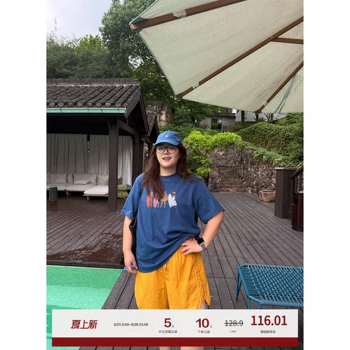 老章和小胖PONGKIKI冲浪T!大码印花宽松胖mm夏季显瘦正肩短袖上衣