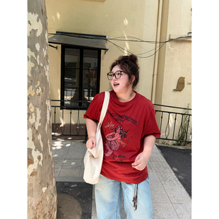 老章和小胖PONGKIKI勃艮第红复古人鱼T新款 女纯棉 宽松显瘦短袖