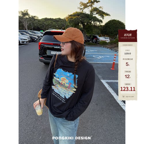 老章和小胖PONGKIKI落日海边美式长袖T恤大码胖mm秋装印花宽松女T