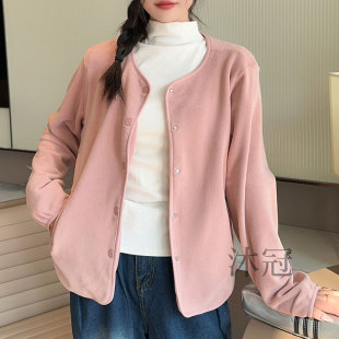 女士奥粒绒外套秋冬新款加绒加厚保暖单排扣上衣摇粒绒立领抓绒衣