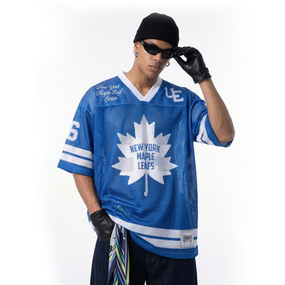 高街潮牌枫叶印花网眼球衣T恤春夏新品美式街头v领运动短袖男女款