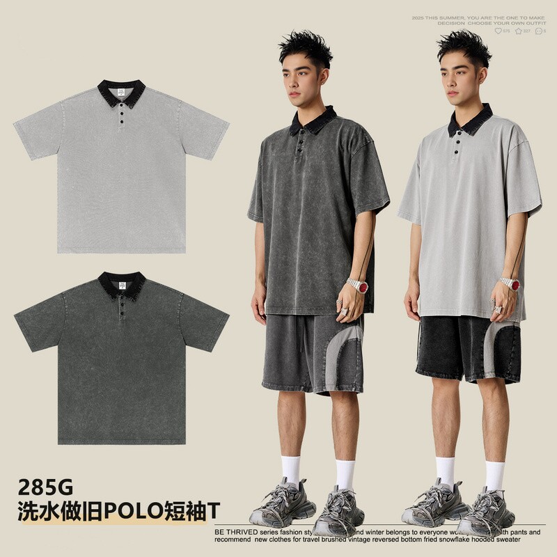 美式复古高级感POLO衫男式T恤春夏新品休闲宽松撞色翻领短袖男ins