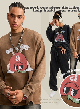 春秋新品水洗趣味印花倒立M豆体恤潮牌复古T-shirt纯棉宽松长袖男