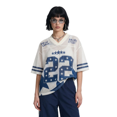 美式星纹网洞球衣V领短袖春夏新品街头潮牌复古网眼透气T恤男女款