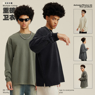 春秋新品460G水洗重磅大码长袖t恤美式复古宽松纯色开叉体恤男士