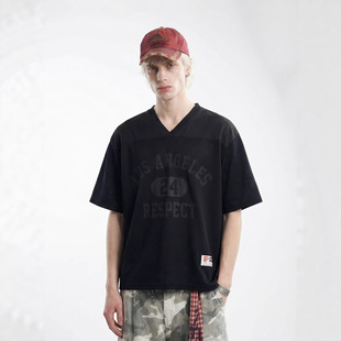 美式复古球服V领体恤春夏新品潮牌街头运动字母印花短袖T恤男士潮