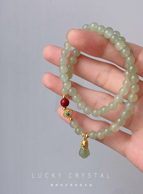 偶然间【白茶清欢】6A级别和田玉晴水料手链双圈古法金手串纯银