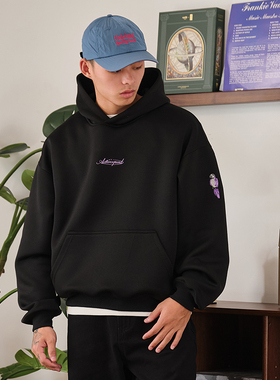 ACTIONS 秋冬重磅Boxy短宽刺绣连帽卫衣美式廓形加厚基础套头帽衫