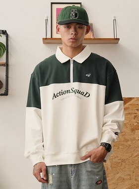 ACTIONS 美式复古刺绣英文亲肤绒拼色半拉链立领卫衣恒温暖皮上衣