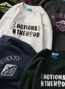 ACTIONS潮牌美式复古加绒圆领卫衣印花基础保暖套头长袖T恤上衣男