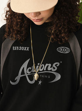 ACTIONS秋冬季拼色足球衣长袖T恤美式复古印花宽松运动上衣男潮牌