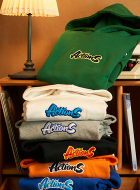 ACTIONS 国潮秋季新款绣花宽松休闲情侣装毛圈薄款连帽卫衣男上衣