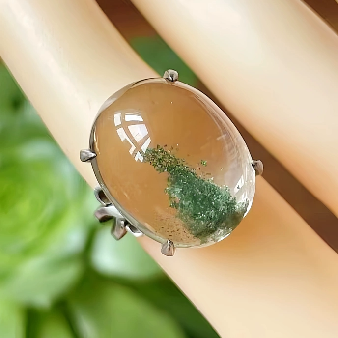 天然水晶戒指绿幽灵戒指巴西绿幽灵戒指戒面透体手工银包生日礼物