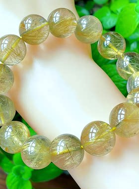天然水晶手链发晶手链巴西金发晶男女款霸气15MM手链手串生日礼物