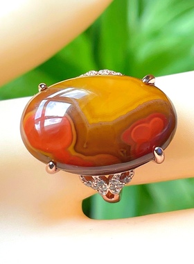 天然原石原色南红戒指战国红戒指戒面活口日常礼物饰品女简约爪镶