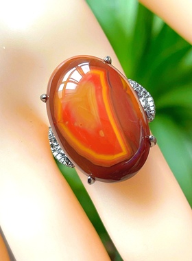 天然原石原色南红玛瑙戒指战国红戒指戒面活口银包生日礼物饰品女