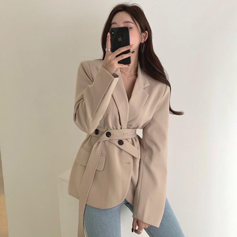 Korean French elegant Lapel single breasted design slim waist long sleeve suit short coat with belt