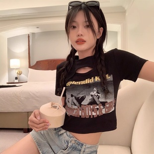 辣妹T恤女2025夏季 甜辣修身 美式 短袖 设计感学生上衣 修身 BM风短款