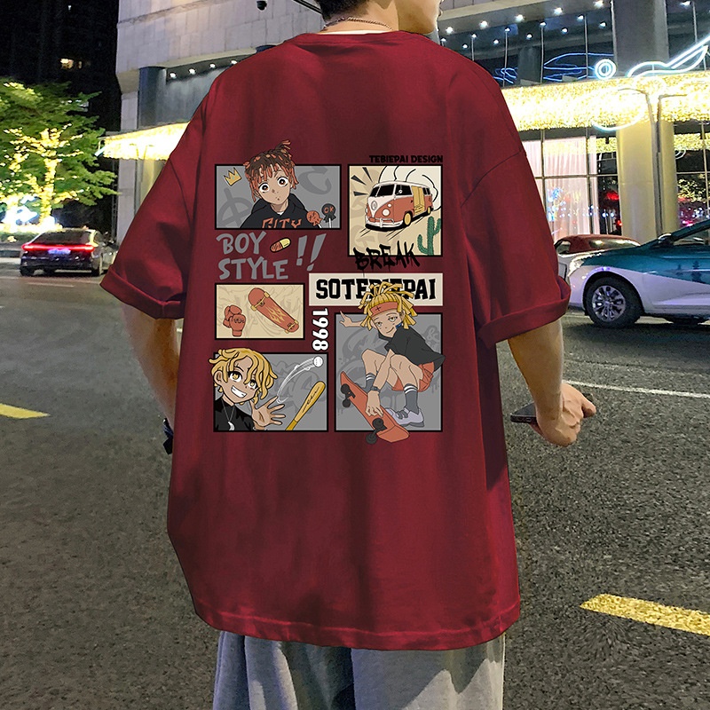 日系复古纯棉100%重磅大码80-300斤夏季新款男装短袖T恤卡通上衣